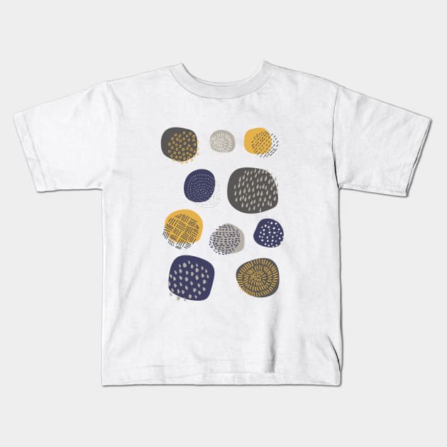 Abstract Pattern of Circles in Navy and Mustard Kids T-Shirt by latheandquill